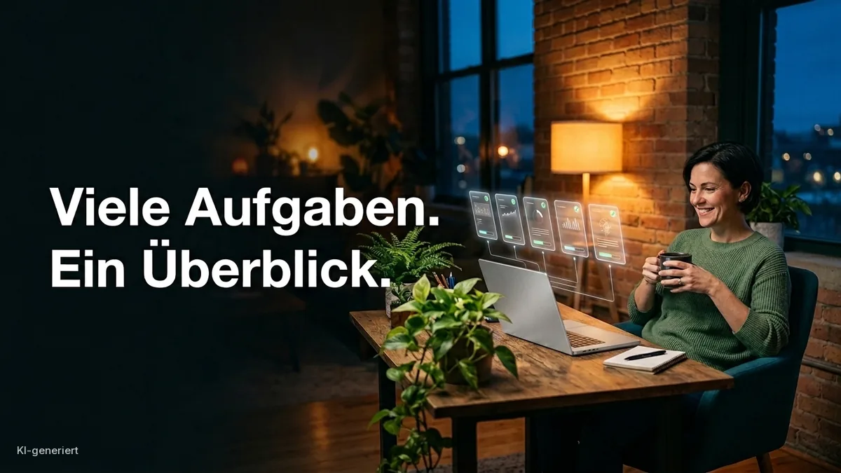Lächelnde Frau mit Kaffeetasse an einem Holzschreibtisch in einem abendlichen Loft-Büro, über ihrem Laptop schweben fünf leuchtende Karten mit Fortschrittsbalken, daneben der Schriftzug Viele Aufgaben. Ein Überblick.