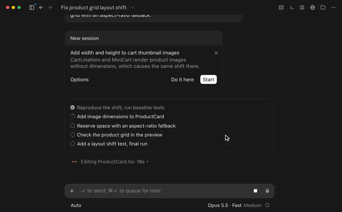 Claude Code Desktop-App: Claude schlägt eine Folgeaufgabe in einer Karte vor, ein Klick auf Start öffnet sie als eigene Sitzung, und eine Nebenfrage mit /btw erscheint in einem eigenen Tab neben der Hauptsitzung