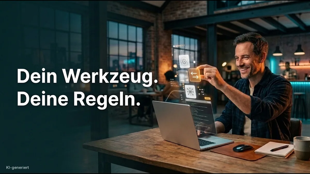 Lächelnder Mann am Schreibtisch in einem Loft-Büro steckt einen leuchtenden Baustein zu anderen, die aus seinem Laptop aufsteigen, daneben der Schriftzug Dein Werkzeug. Deine Regeln.