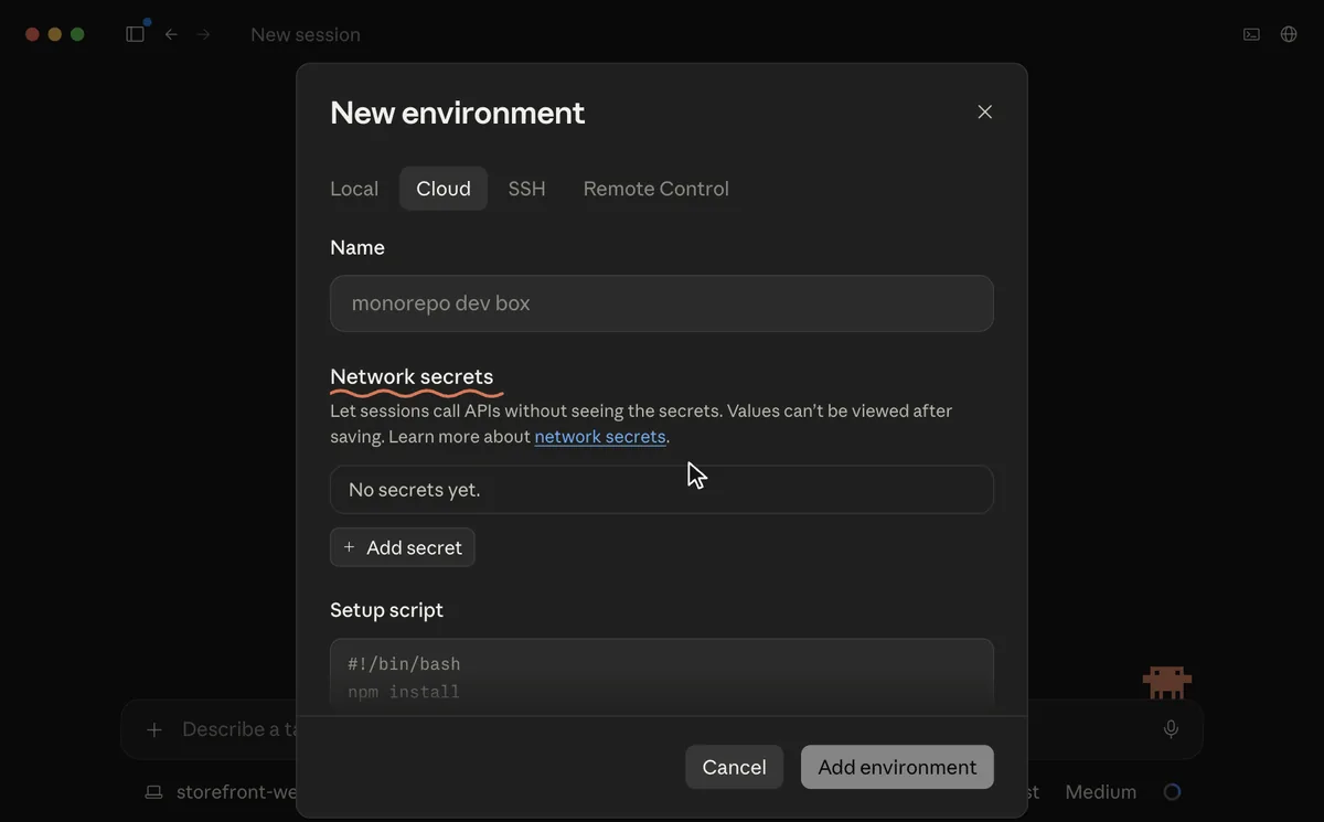 Claude Code Desktop-App: Dialog New environment auf dem Reiter Cloud, der Abschnitt Network secrets ist unterstrichen, darunter die Schaltfläche Add secret