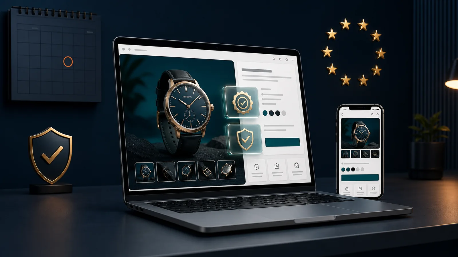 Neue Kennzeichnungspflicht ab 27. September 2026: Laptop mit der Produktseite eines Onlineshops, davor zwei goldene Label-Symbole für Gewährleistung und Garantie, daneben ein Kalender mit orange markiertem Stichtag, der EU-Sternenkranz und ein Smartphone mit derselben Produktansicht