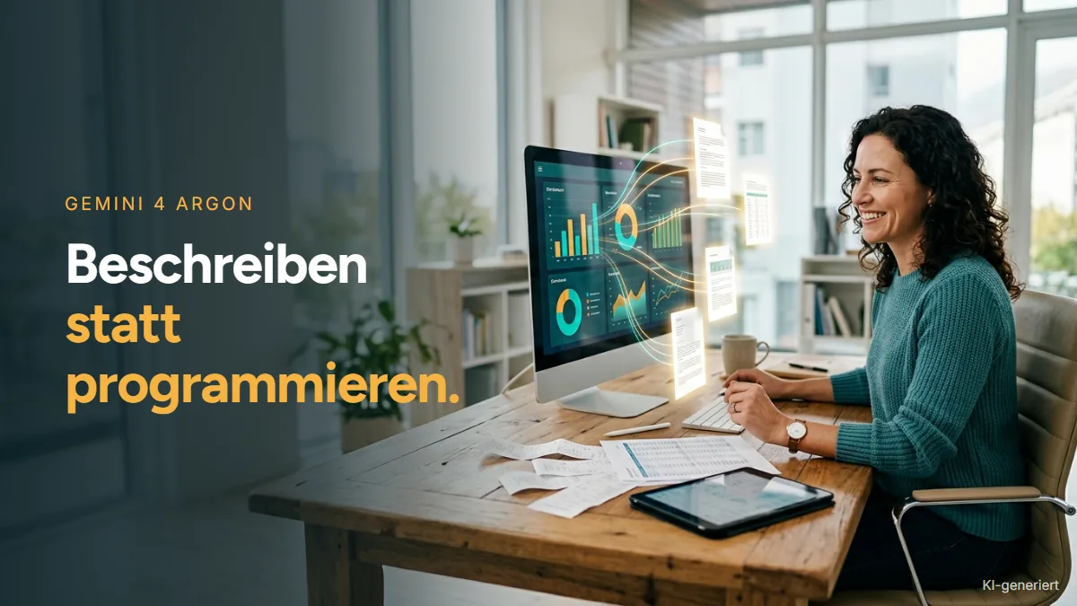 KI-generiertes Bild: Eine Frau sitzt lächelnd in einem hellen Büro vor einem Bildschirm, auf dem aus schwebenden Belegen und Dokumenten eine Auswertung mit Diagrammen entsteht, daneben der Schriftzug Beschreiben statt programmieren.