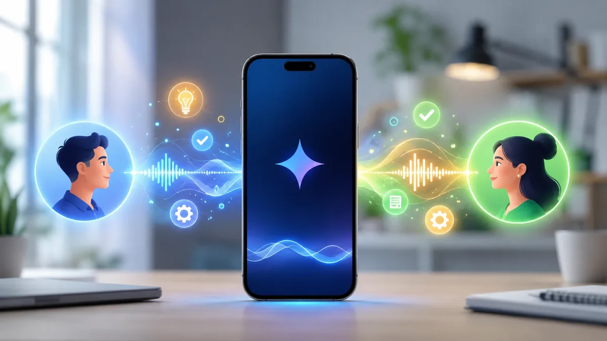 Gemini Live im Praxis-Check: Smartphone zeigt aktiven Sprach-KI-Dialog mit Audio-Wellenform, daneben zwei Personen-Icons als Symbol für natürliche Mensch-KI-Konversation – KI-Beratung aus Hannover
