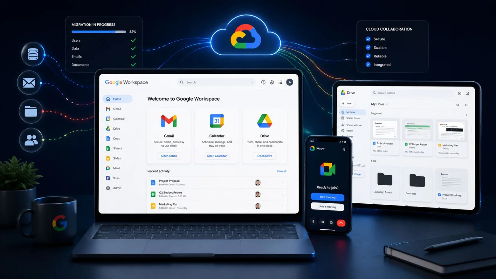 Google Workspace Setup & Migration aus Hannover: Gmail, Google Drive, Calendar, Meet und Docs auf Laptop, Tablet und Smartphone – professionelle Cloud-Office-Suite mit eigener Domain, mit Migration aus alten E-Mail-Systemen und laufender Betreuung