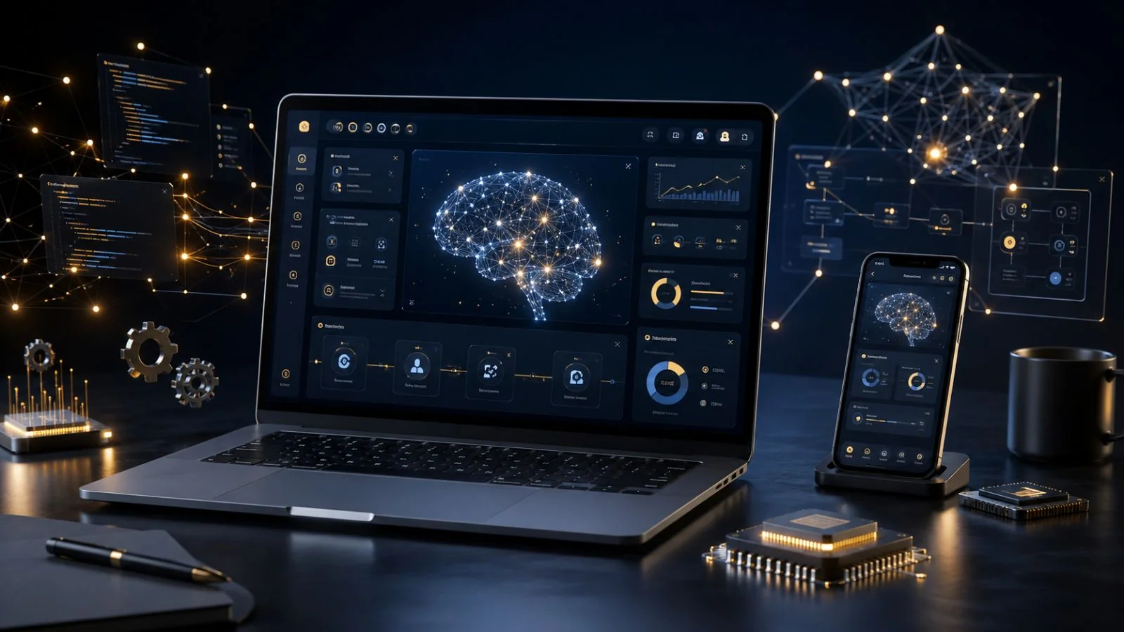 Individuelle KI-Tool-Entwicklung aus Hannover: KI-Dashboard auf Laptop mit Diagrammen und Statistiken, neuronales Netzwerk und Brain-Visualisierungen, Compliance-Checkliste – maßgeschneiderte Lösungen mit RAG, Fine-Tuning oder Multi-Agent-Systemen für KMU und Mittelstand