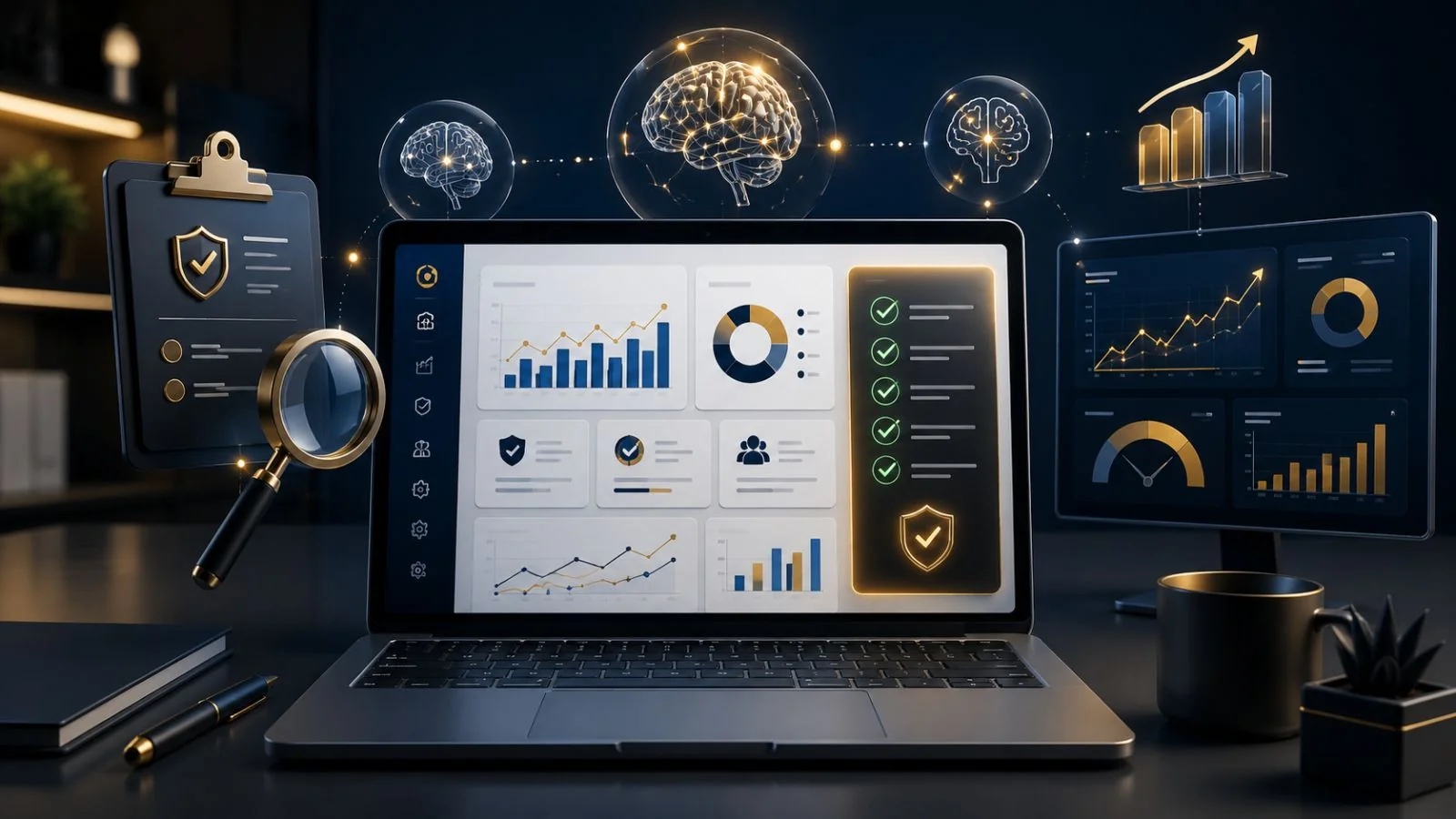 KI-Audit für KMU aus Hannover: Analyse-Dashboard mit Diagrammen, ROI-Bewertung, Sicherheits- und Compliance-Checks, Use-Case-Matrix mit grünen Häkchen – strukturierte Bestandsaufnahme, wo KI im Mittelstand wirklich Mehrwert bringt