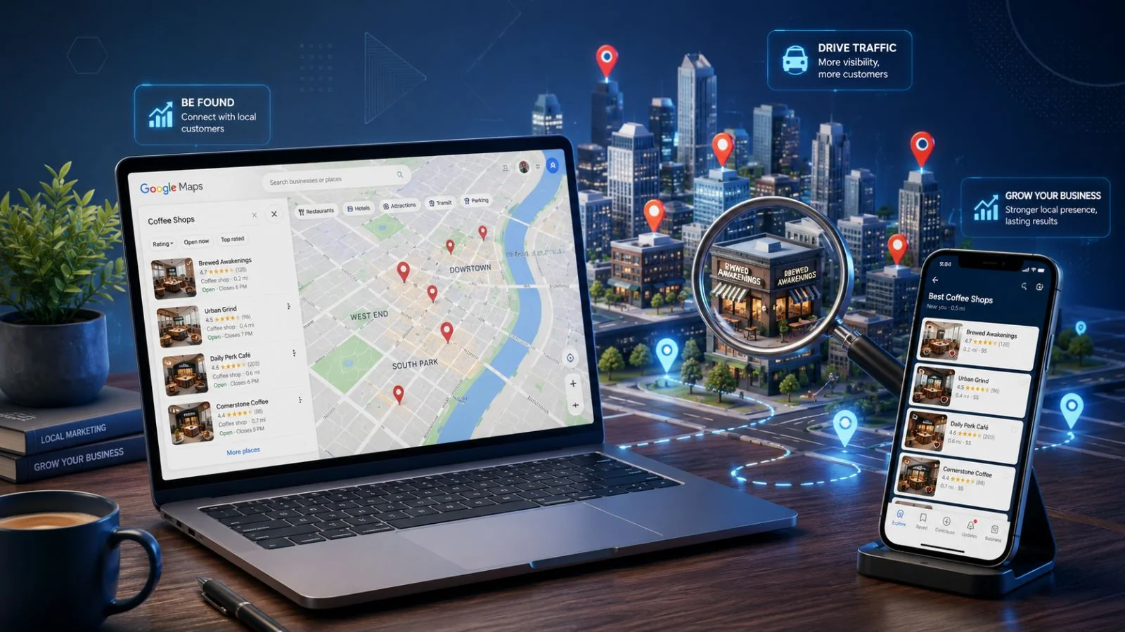 Local SEO & GEO-Optimierung in Hannover: Google Maps auf Laptop mit lokalen Suchergebnissen, Smartphone mit Nearby-Suche, Standortmarker über Stadtmodell – mehr lokale Sichtbarkeit und Kundenanfragen für regionale Unternehmen