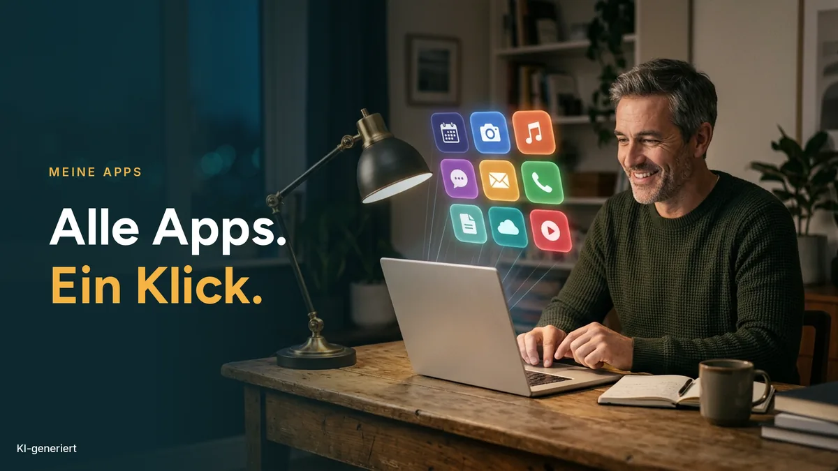 Lächelnder Mann am Schreibtisch tippt auf seinen Laptop, darüber schwebt ein Raster aus leuchtenden App-Kacheln, daneben der Schriftzug Alle Apps. Ein Klick.