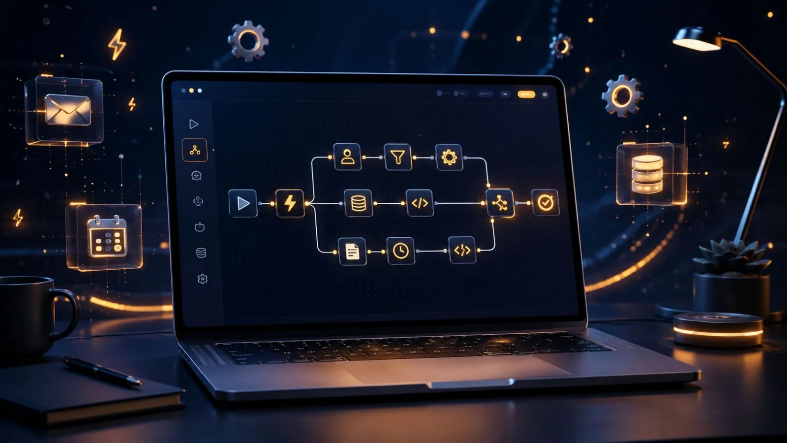 No-Code-Automatisierungen aus Hannover: Visueller Workflow-Editor auf Laptop mit verbundenen Schritten – Trigger, Filter, Datenbank, Code-Block und Aktionen – verbindet Tools wie E-Mail, CRM, Kalender und Buchhaltung ohne Programmierung mit n8n, Make oder Zapier