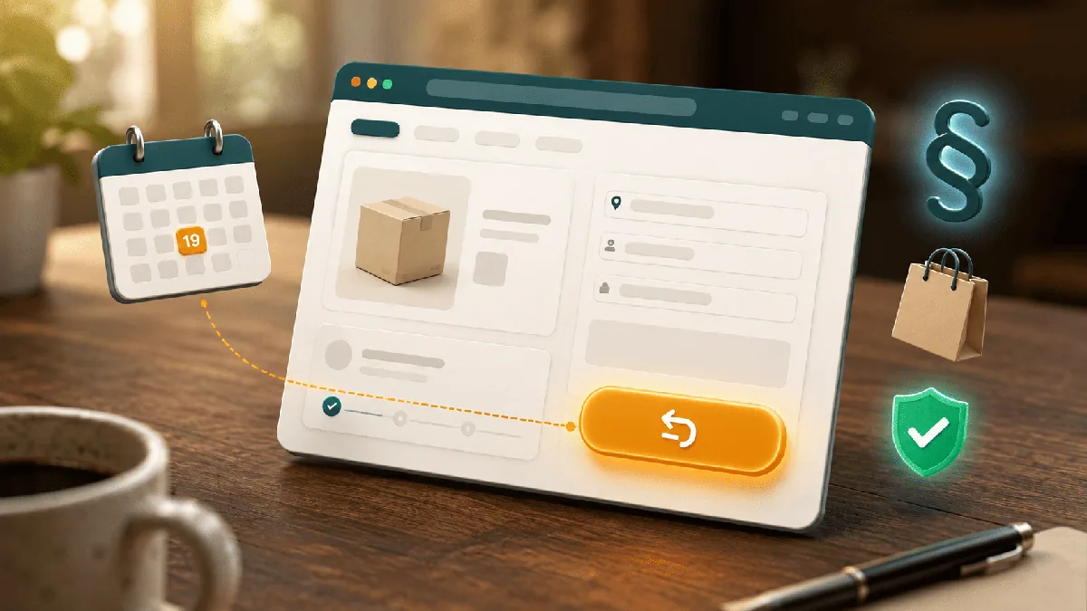 Widerrufsbutton-Pflicht ab 19. Juni 2026: Online-Shop-Mockup mit prominent hervorgehobenem orangefarbenem Widerrufs-Button, daneben Kalender mit markiertem 19. und Paragraph-Symbol als Verweis auf die neue EU-Richtlinie 2023/2673 – Beratung aus Hannover