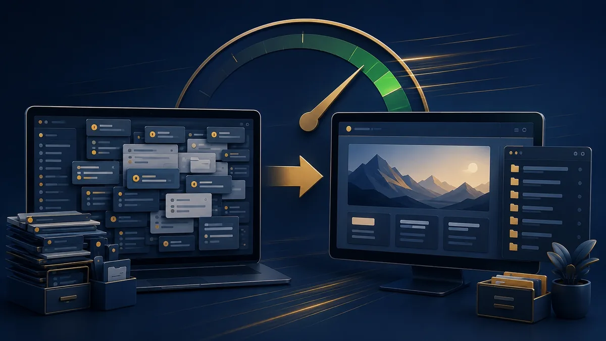 Website-Relaunch von WordPress zu Astro: links ein Laptop mit überladenem WordPress-Backend voller gestapelter Update-Meldungen, rechts ein Monitor mit einer aufgeräumten, schnell ladenden Astro-Website, dazwischen ein goldener Pfeil, darüber eine Tempoanzeige im grünen Bereich