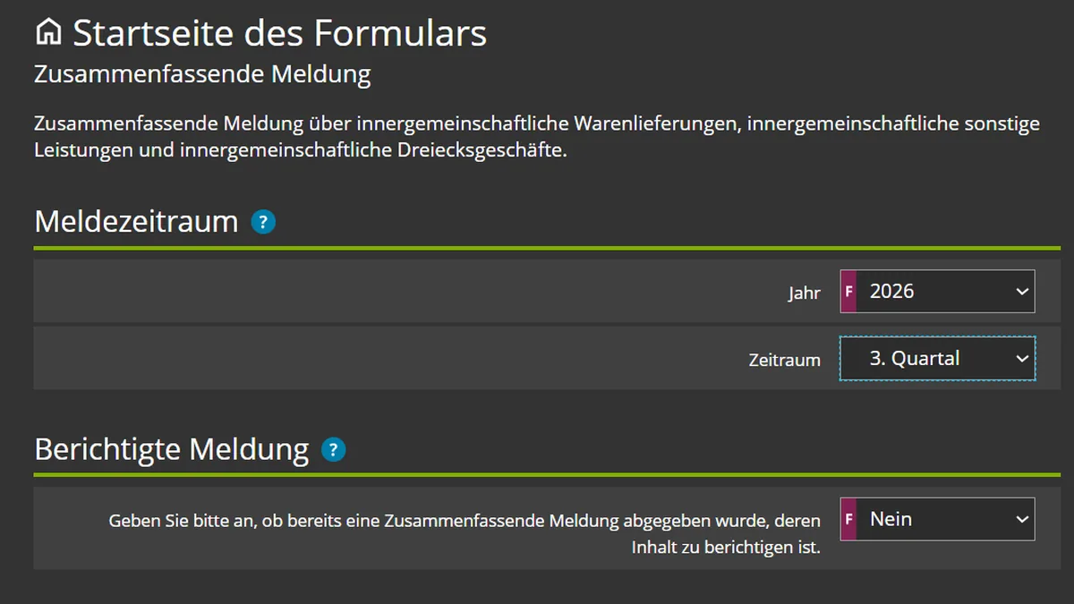 Formular Zusammenfassende Meldung in Mein ELSTER mit Meldezeitraum 2026, 3. Quartal, und der Auswahl Berichtigte Meldung: Nein